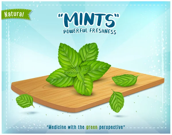 Taze Yeşil Nane Ahşap doğrama tahtasına vektör çizimi bırakıyor