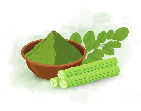 Superfood Moringa Leave Und Puder Mit Moringa Stäbchen Vektorillustration — Stockvektor