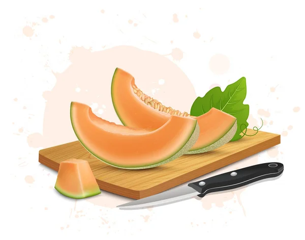 Ilustración Vectorial Rodajas Melón Con Tabla Cortar Madera Cuchillo Afilado — Vector de stock