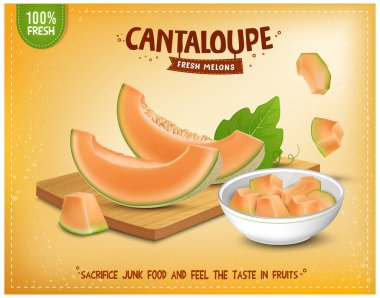 Miskkavun meyvesi dilimleri kavun parçaları kasesi ahşap kesim tahtası çizimi