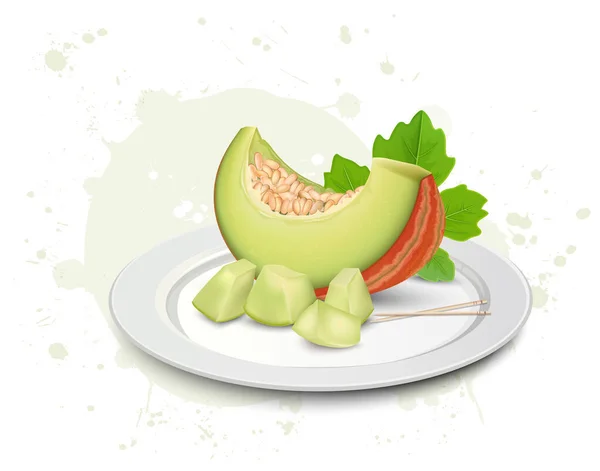 Muskmelon Fruta Rebanada Con Trozos Melón Fruta Vector Ilustración — Archivo Imágenes Vectoriales