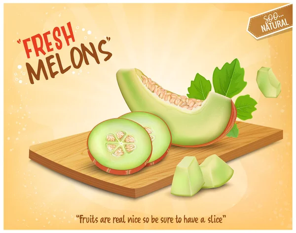 Muskmelon meyvesi ahşap kesim tahtasında vektör illüstrasyonunu doğruyor