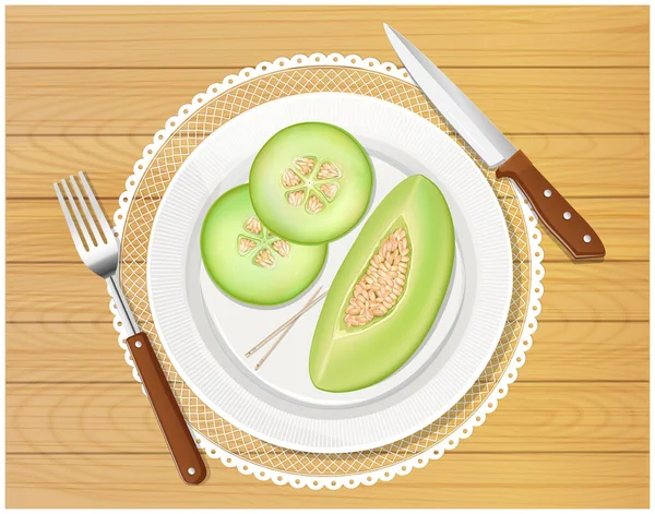 Muskmelon Fruit Rodajas Redondas Vector Ilustración Con Cuchillo Afilado Folklore — Vector de stock