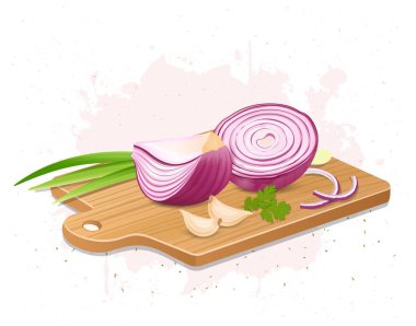 Tahta kesim tahtası illüstrasyonunda sarımsak karanfilli soğan kökü sebze parçaları.