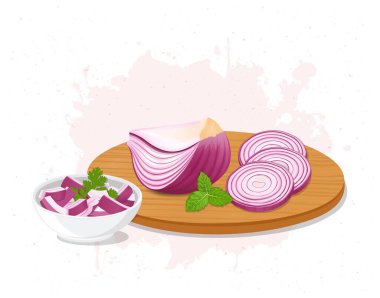 Yuvarlak doğranmış soğan dilimleri ve beyaz kasede küçük dilimlenmiş soğan kökü sebzesinin vektör çizimi
