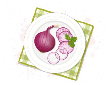 Beyaz arkaplanda soğan dilimleri olan soğan vektör çizimi