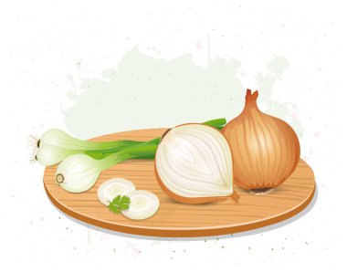 Yeşil Soğan Sebzesi ve ahşap doğrama tahtasının üzerinde kırmızı soğan vektör çizimi