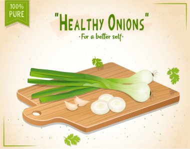 Tahta kesim tahtası illüstrasyonunda sarımsak karanfilli yeşil soğan kökü.