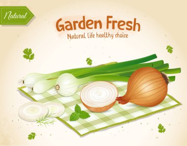 Kahverengi arka planda sarı soğanlı yeşil soğan vektör çizimi