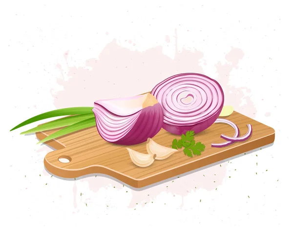 Onion Root Vegetable Pieces Garlic Cloves Wooden Chopping Board Vector — стоковый вектор