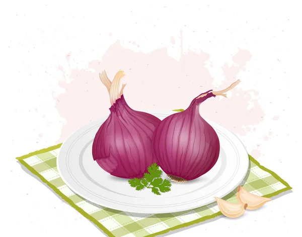 Set Two Onions Root Vegetable Vector Illustration Coriander Leaves Garlic — стоковый вектор