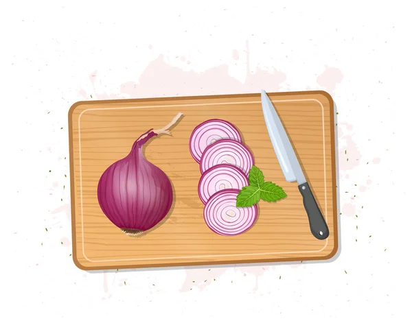 Onion Root Vegetable Vector Illustration Slices Onion Sharp Knife Wooden — стоковый вектор
