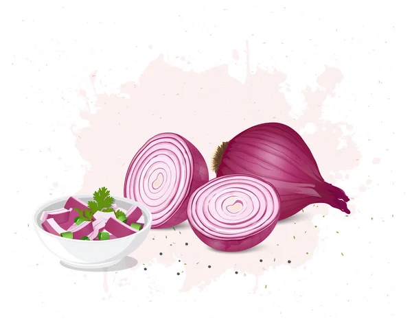 Cebolla Roja Ilustración Vectores Vegetales Con Medio Trozo Cebolla — Vector de stock