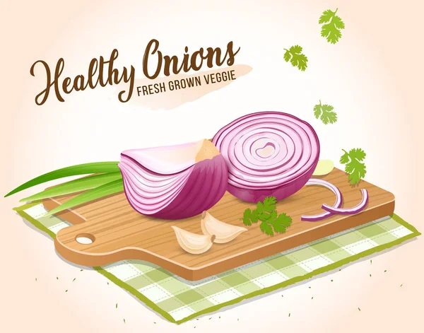 Half Pieces Red Onion Vegetable Green Leaves Wooden Chopping Board — 스톡 벡터
