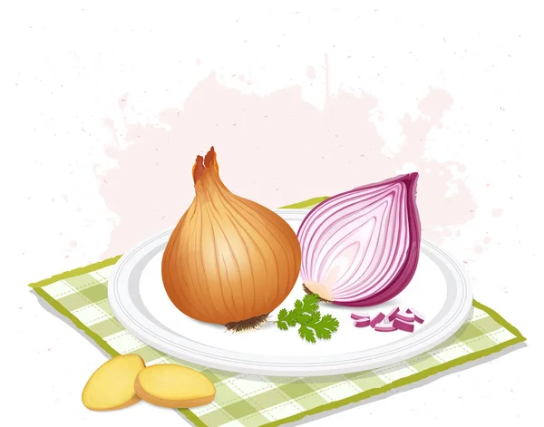 Yellow Onion Root Vegetable Half Pieces Red Onion Vector Illustration — 스톡 벡터