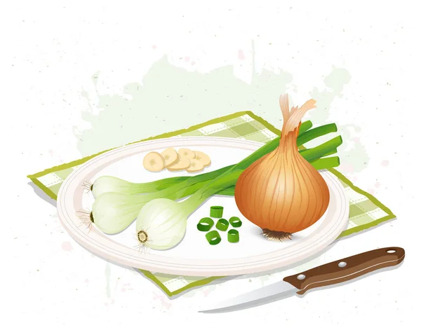 Illustration Vectorielle Légumes Racines Oignons Verts Avec Oignons Rouges Couteau — Image vectorielle