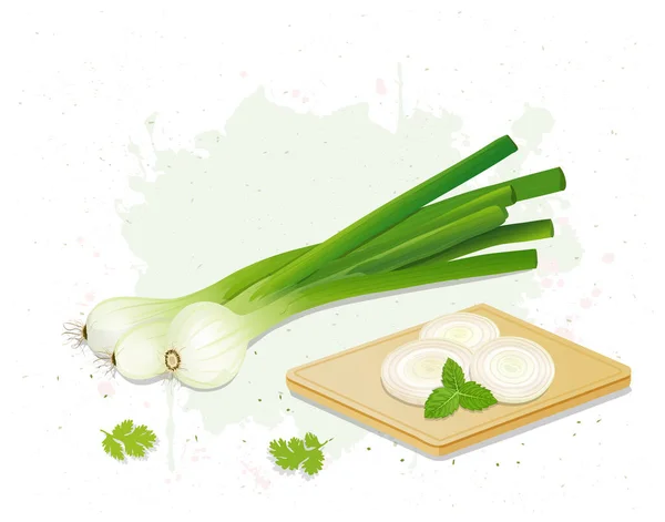 Green Onion Its Slices Wooden Chopping Board Vector Illustration — стоковый вектор