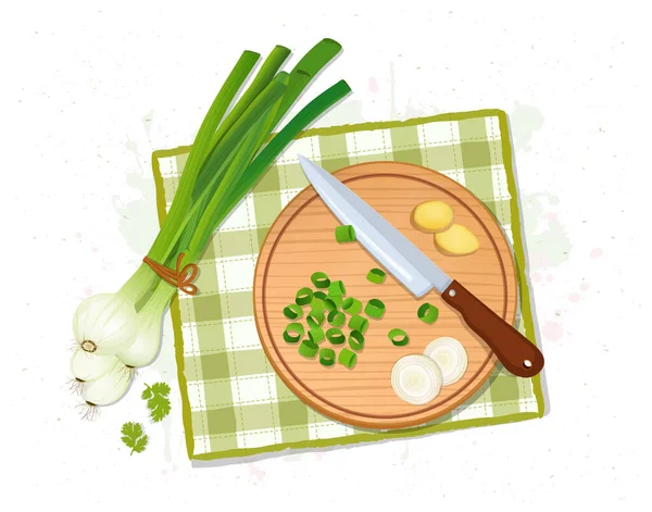 Green Onions Slices Onions Ginger Wooden Board Vector Illustration Top — стоковый вектор