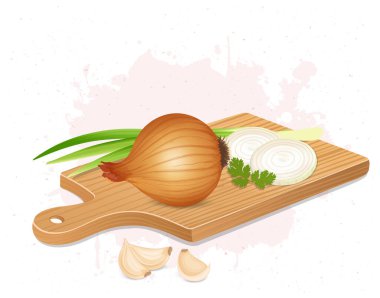 Yuvarlak soğan dilimleri ve ahşap kesim tahtasında soğan yeşili saplı sarı soğan vektör çizimi
