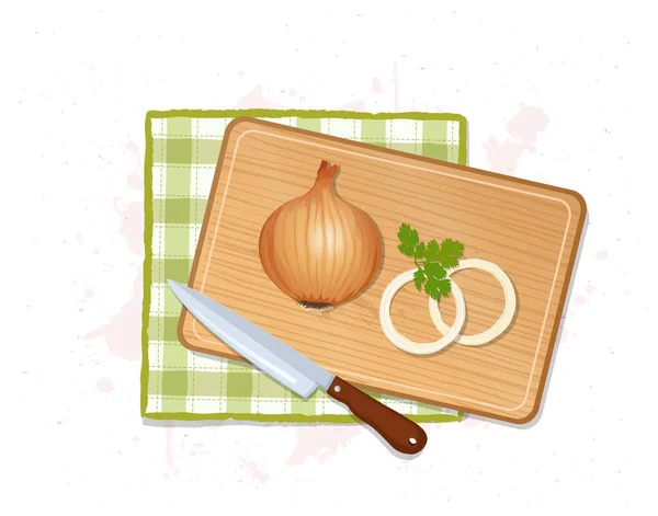 Yellow Onion Vector Illustration Wooden Chopping Board — стоковый вектор