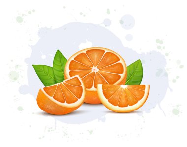 Turuncu meyve vektör çiziminin yarısı portakal dilimleri ve yeşil yapraklarla.