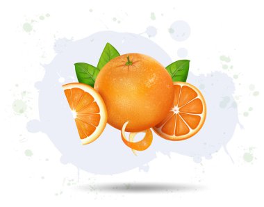 Havada portakal dilimleri ve yeşil yapraklı turuncu meyve var.