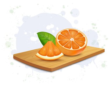 Turuncu meyve vektör çiziminin yarısı turuncu dilimli ve yeşil izinli.