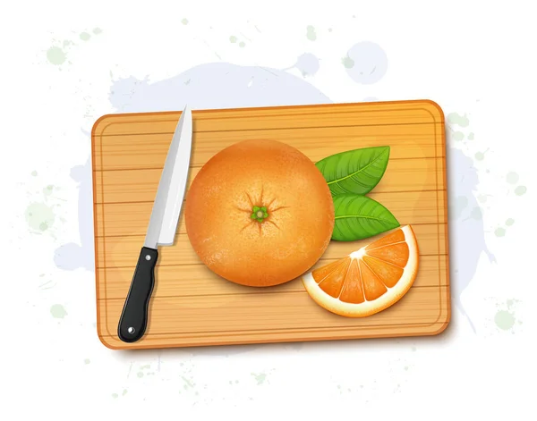 Orangenfruchtvektorillustration Mit Fruchtscheiben Und Scharfem Messer Auf Einem Hölzernen Schneidebrett — Stockvektor