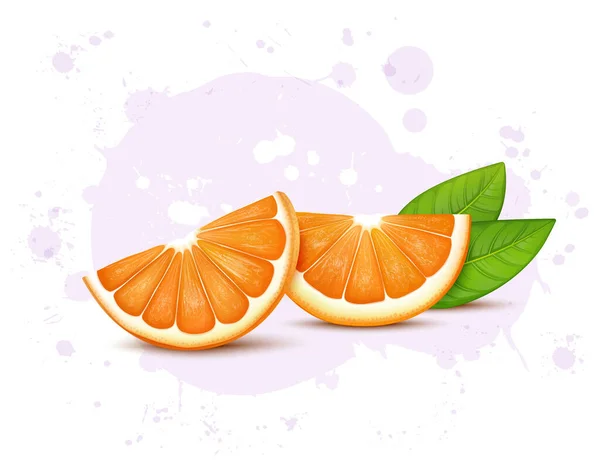 オレンジフルーツスライスベクトル図白の背景に孤立した緑の葉 — ストックベクタ