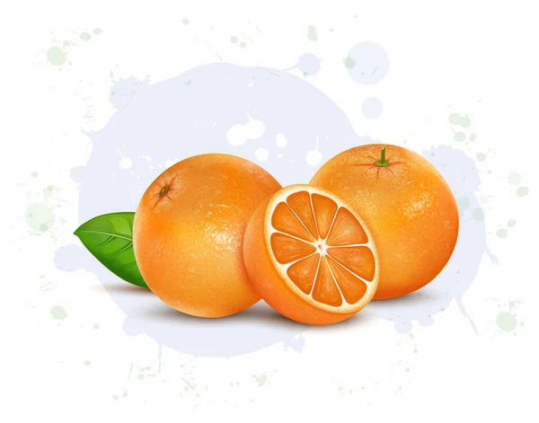 緑の葉を持つオレンジフルーツの半分の部分と2オレンジフルーツベクトルイラストのセット — ストックベクタ