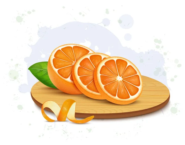 Medio Pedazo Fruta Naranja Rebanadas Con Hojas Verdes Una Tabla — Vector de stock