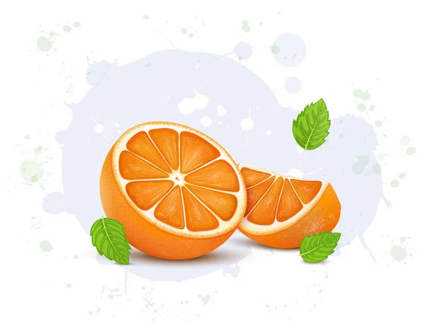 Setengah Buah Vektor Orange Ilustrasi Dengan Orange Slice Dan Daun - Stok Vektor