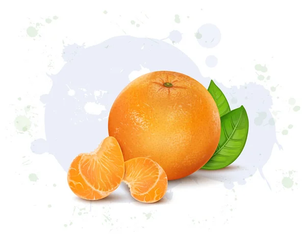 Ilustrasi Vektor Buah Oranye Dengan Irisan Oranye Dan Daun Hijau - Stok Vektor