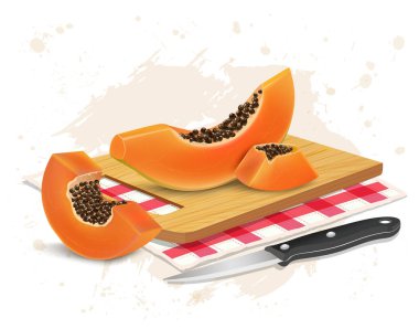Papaya vektör illüstrasyonundan kesme tahtasında keskin bir bıçakla papaya dilimleri.
