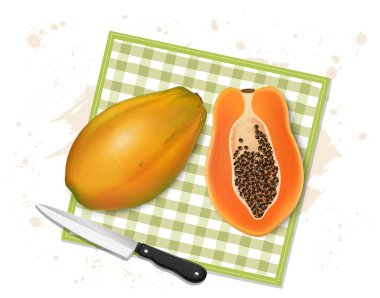 Papaya meyve illüstrasyonunda papaya meyvesi yarım parça ve kumaş nepkin üzerinde keskin bıçak.