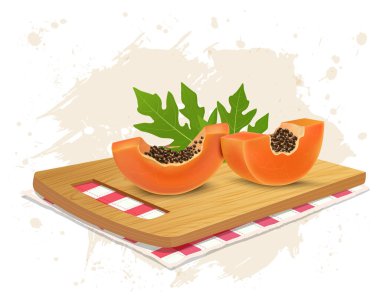 Papaya Fruit vektör illüstrasyonunu tahta kesim tahtasıyla papaya yapraklarıyla dilimliyor