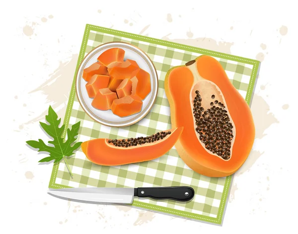 Papaya Fruit Slices Piece Vector Illustration Sharp Knife Top View — стоковый вектор