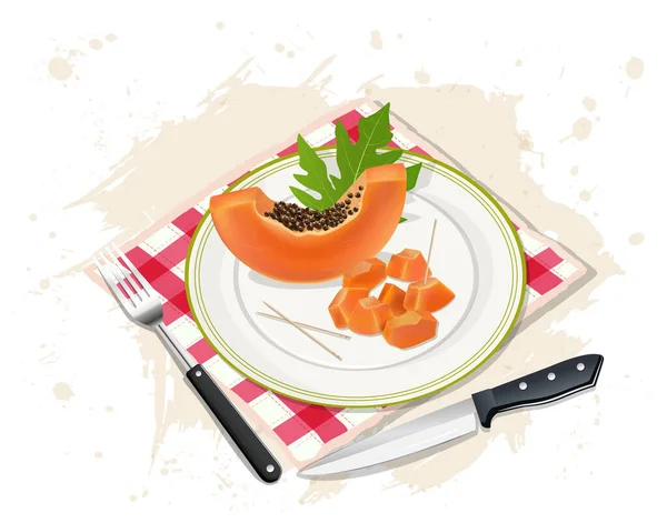 Papaya Fruta Rebanadas Vector Ilustración Con Agudo Saber Folclore — Vector de stock