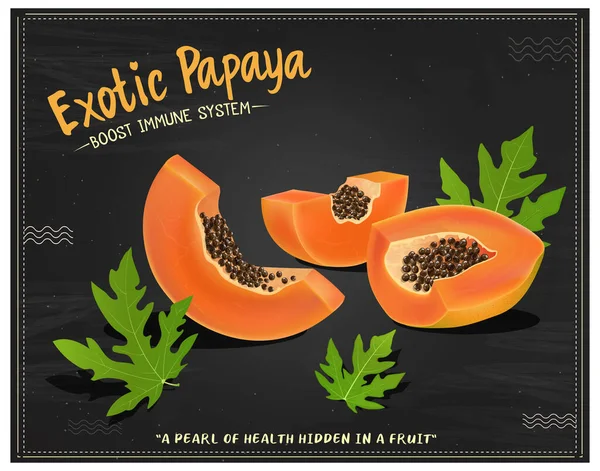 Papaya Fruta Rodajas Vector Ilustración Sobre Fondo Negro — Vector de stock