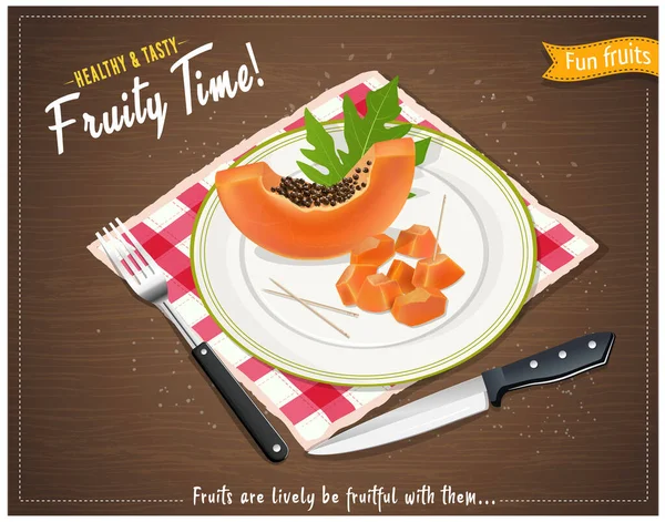 Papaya Fruta Rebanadas Vector Ilustración Con Palillo Dientes Servilleta Tela — Archivo Imágenes Vectoriales