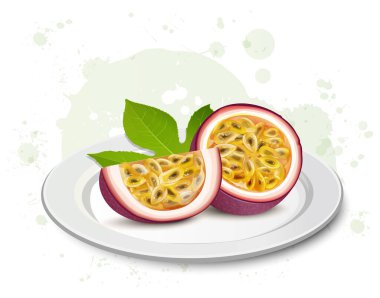 Çarkıfelek meyvesi, tutku meyvesi yapraklı meyve dilimli yarım parça vektör çizimi