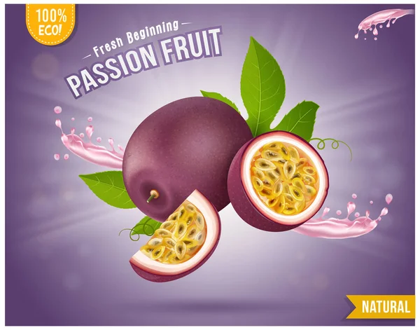 Passion Fruit Vector Illustration Fruit Half Piece Slice Purple Background — Vector de stock