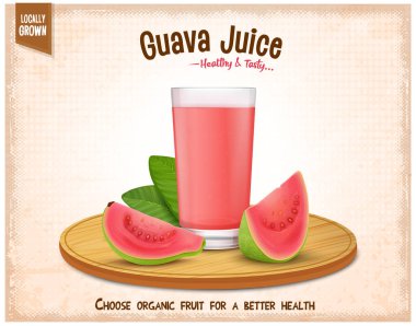 Yuvarlak doğranmış Guava meyve suyu bardağıyla Pembe Guava Meyve Suyu vektör çizimi