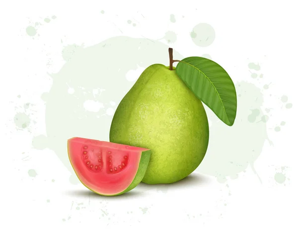 Illustrazione Vettoriale Frutta Guava Verde Fresca Con Fette Rosa Guava — Vettoriale Stock