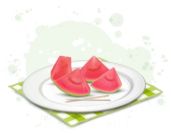 Pink Guava Slices Plate Wooden Sticks Vector Illustration — Stockvektor