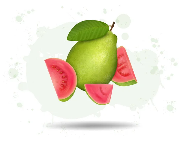 Celá Růžová Guava Vektorová Ilustrace Kvajávově Růžovými Plátky Zelenými Listy — Stockový vektor