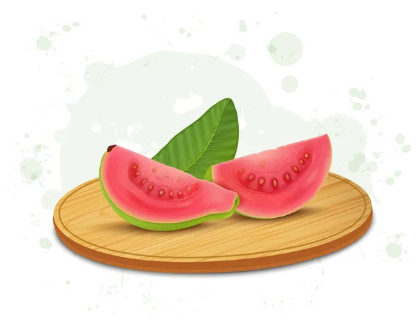 Pink Guava Fruit Slices Vector Illustration Guava Leaves Wooden Chopping — Archivo Imágenes Vectoriales