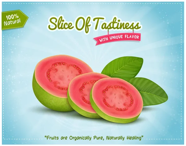 Fresh Green Guava Vector Illustration Guava Slices Green Leaves Blue — Vector de stock