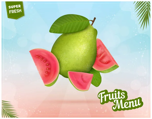 Fresh Pink Guava Vector Illustration Guava Slices Air Light Blue — Vector de stock