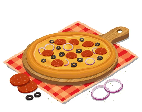 Okrągły Wektor Pizza Ilustracja Cebulą Kawałkami Salami — Wektor stockowy
